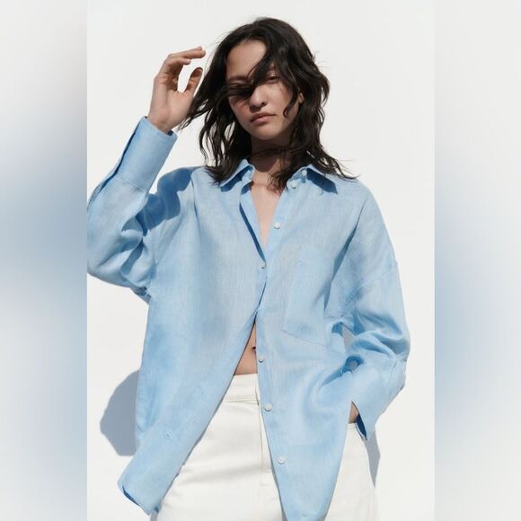 Zara Tops - 100% Linen Zara Shirt Sky Blue